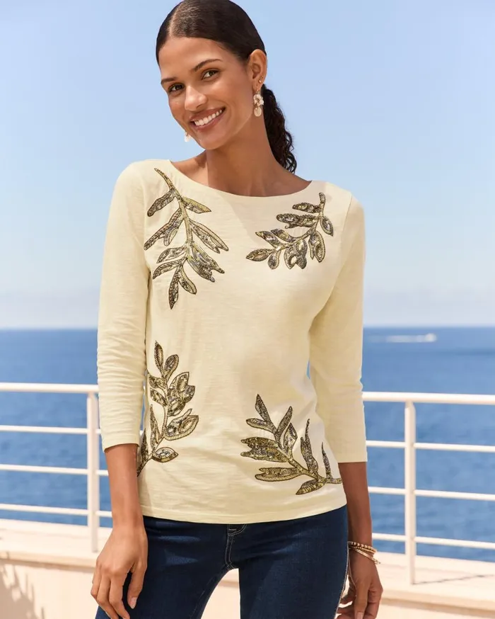 Tommy Bahama Tops and Shirts Forever Fronds Embellished Lux 34Sleeve TShirt Coconut 8211 Women