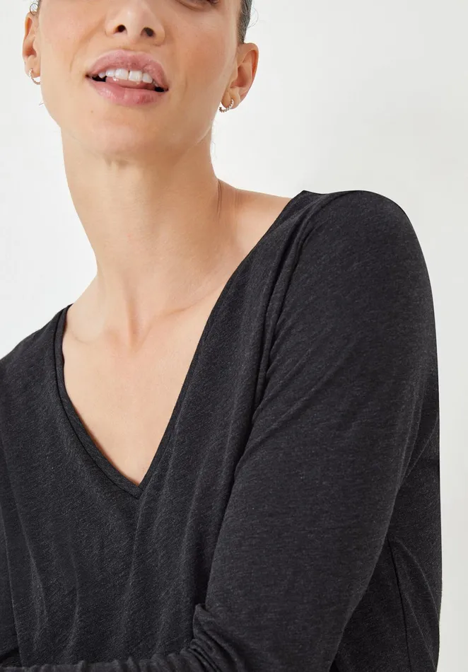 Tops and TShirts Women Hush LS Slub V Tee Charcoal Marl