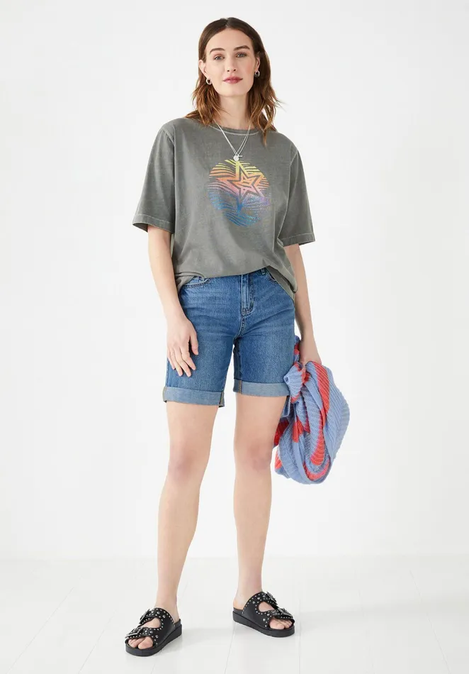 Tops and TShirts Women Hush Rainbow Star Oversized TShirt Washed Grey