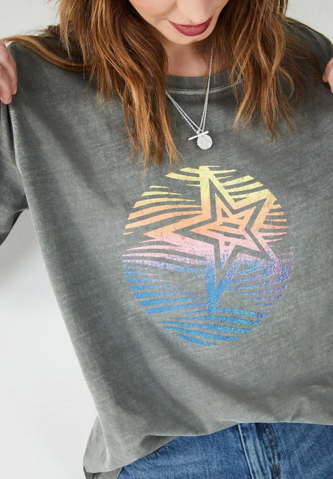 Tops and TShirts Women Hush Rainbow Star Oversized TShirt Washed Grey