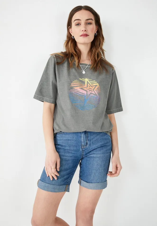 Tops and TShirts Women Hush Rainbow Star Oversized TShirt Washed Grey