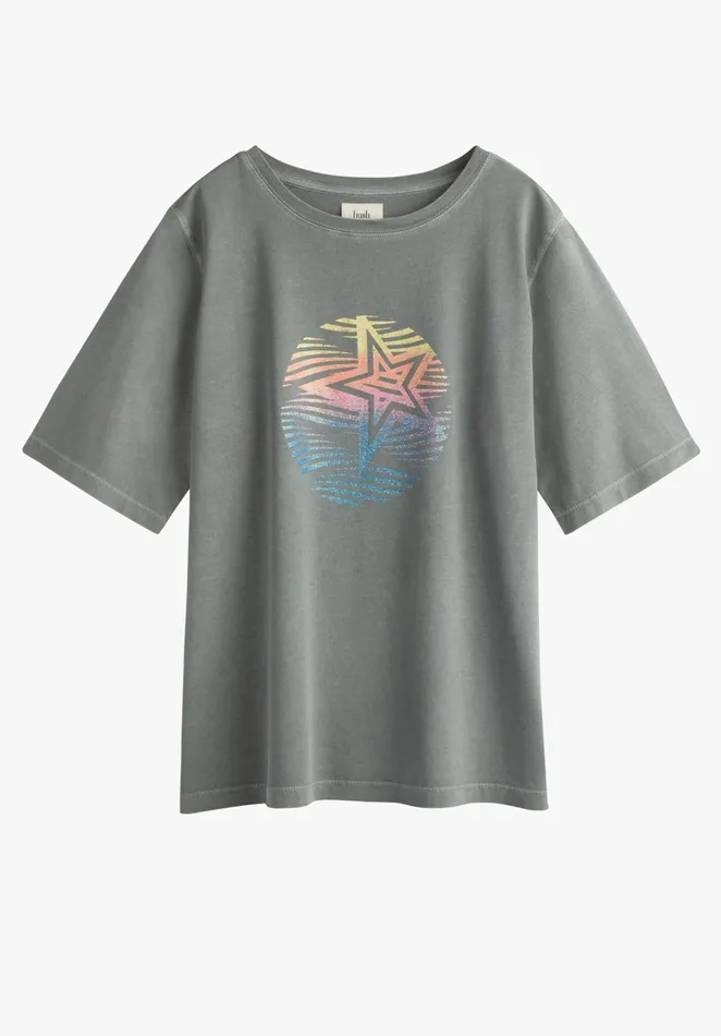 Tops and TShirts Women Hush Rainbow Star Oversized TShirt Washed Grey