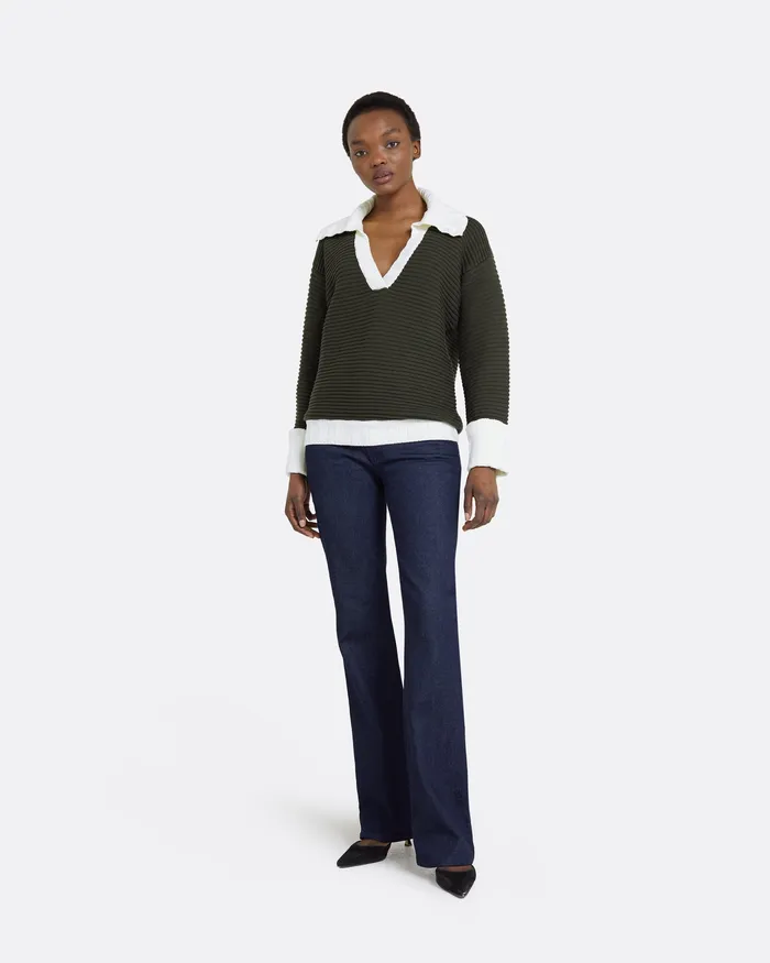 Tops Women Kratos Slate Green and Ivory Knit Top Ivory Slategreen Safiyaa