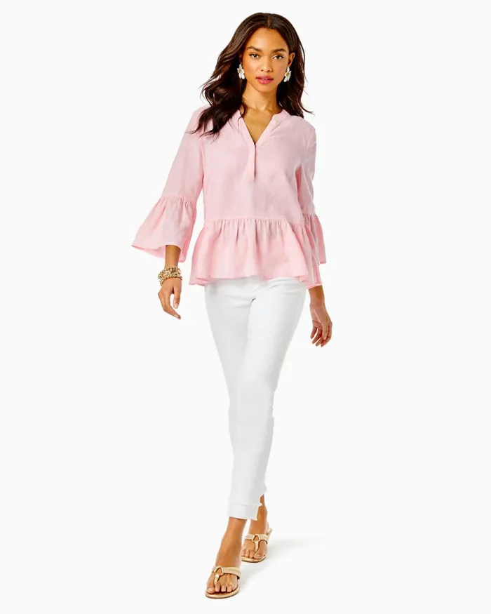 Tops Women Lilly Pulitzer Bekah 34 Sleeve Linen Top Pink Blossom Tops Women Lilly Pulitzer Bekah 34 Sleeve Linen Top Pink Blossom