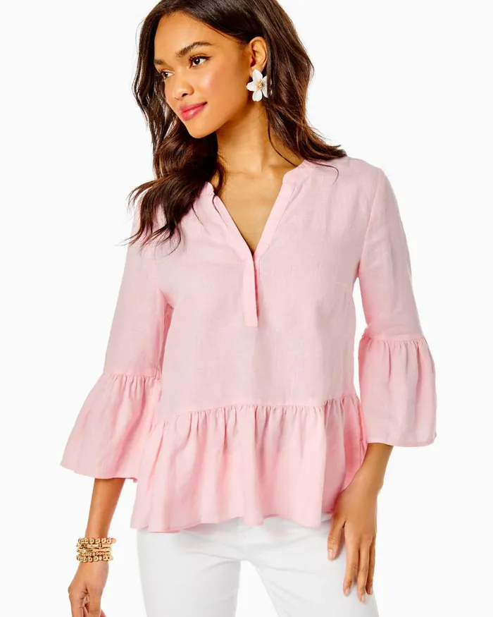 Tops Women Lilly Pulitzer Bekah 34 Sleeve Linen Top Pink Blossom Tops Women Lilly Pulitzer Bekah 34 Sleeve Linen Top Pink Blossom