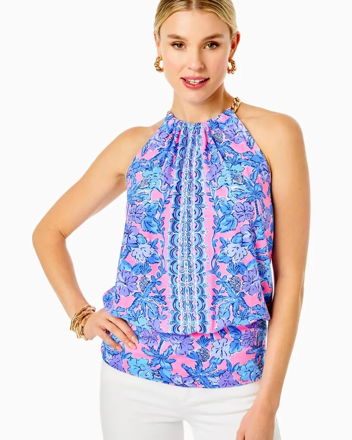 Tops Women Lilly Pulitzer Bowen Halter Top Soleil Pink Palm Paradise Engineered Knit Top Tops Women Lilly Pulitzer Bowen Halter Top Soleil Pink Palm Paradise Engineered Knit Top