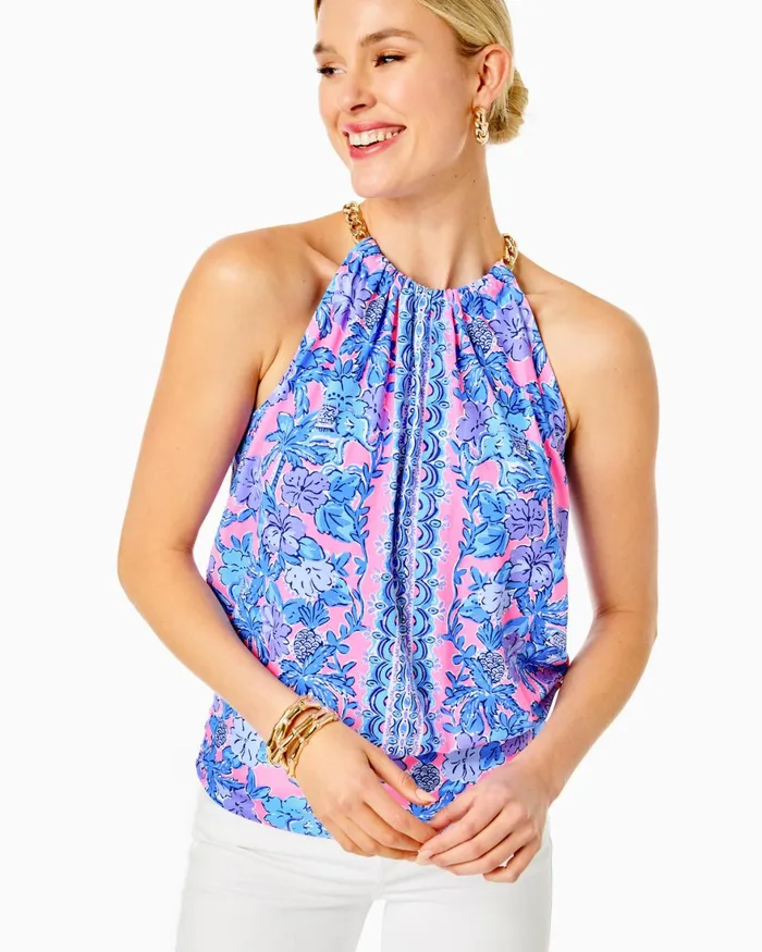 Tops Women Lilly Pulitzer Bowen Halter Top Soleil Pink Palm Paradise Engineered Knit Top Tops Women Lilly Pulitzer Bowen Halter Top Soleil Pink Palm Paradise Engineered Knit Top