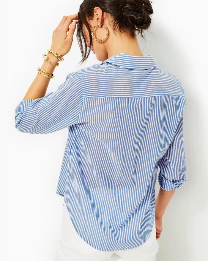 Tops Women Lilly Pulitzer Sea View Button Down Top Coastal Blue Ltwt Oxford Stripe