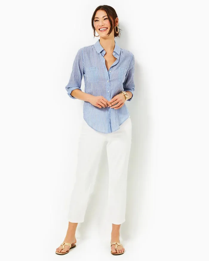 Tops Women Lilly Pulitzer Sea View Button Down Top Coastal Blue Ltwt Oxford Stripe Tops Women Lilly Pulitzer Sea View Button Down Top Coastal Blue Ltwt Oxford Stripe