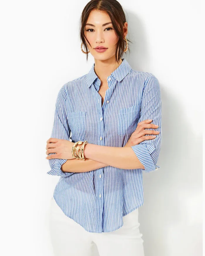 Tops Women Lilly Pulitzer Sea View Button Down Top Coastal Blue Ltwt Oxford Stripe Tops Women Lilly Pulitzer Sea View Button Down Top Coastal Blue Ltwt Oxford Stripe