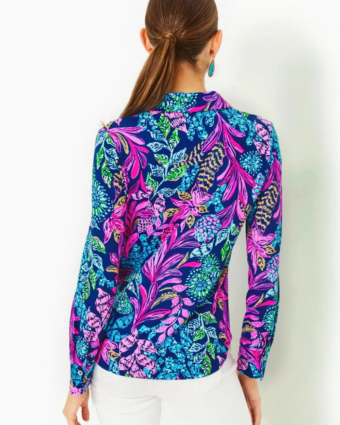 Tops Women Lilly Pulitzer UPF 50 ChillyLilly Marlena Button Down Top Aegean Navy Calypso Coast
