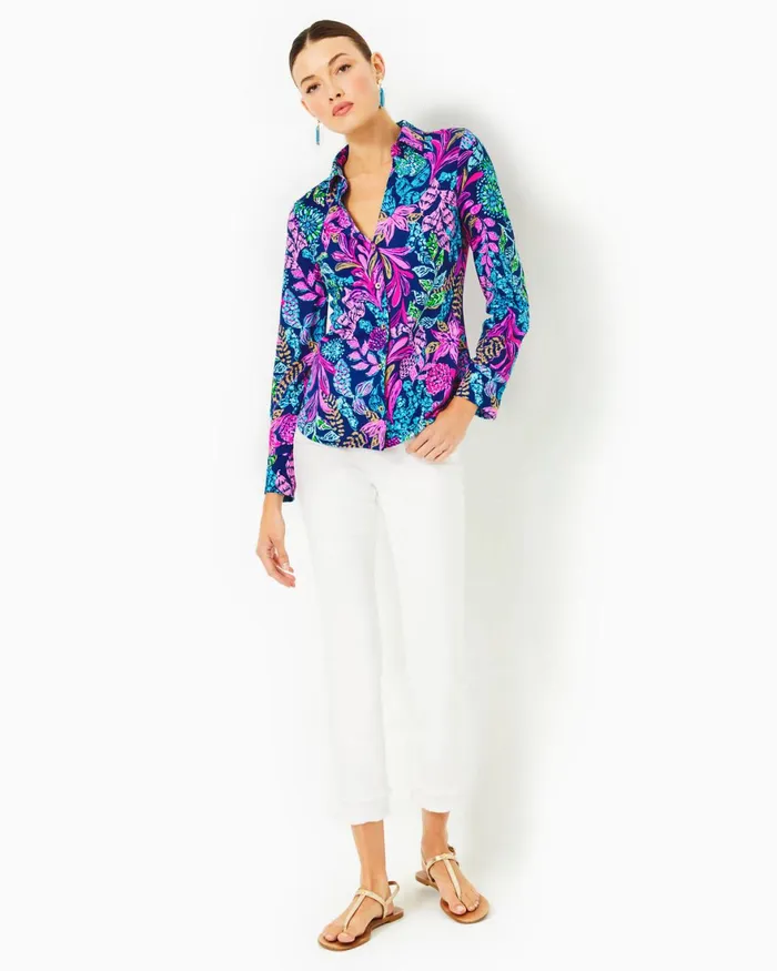 Tops Women Lilly Pulitzer UPF 50 ChillyLilly Marlena Button Down Top Aegean Navy Calypso Coast Tops Women Lilly Pulitzer UPF 50 ChillyLilly Marlena Button Down Top Aegean Navy Calypso Coast