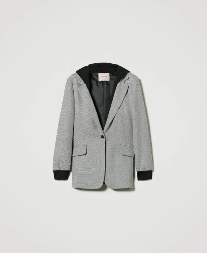 Twinset Blazers Houndstooth Blazer With Hood Black Snow White Micro Houndstooth 8211 Clothing