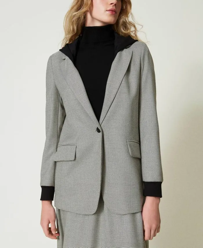 Twinset Blazers Houndstooth Blazer With Hood Black Snow White Micro Houndstooth 8211 Clothing