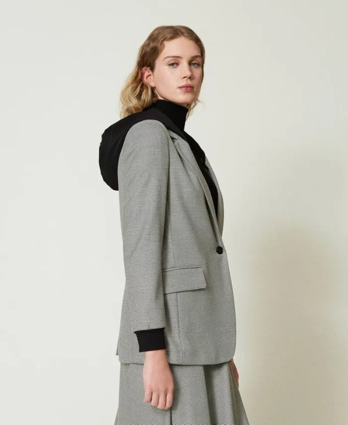 Twinset Blazers Houndstooth Blazer With Hood Black Snow White Micro Houndstooth 8211 Clothing