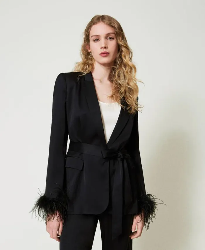 Twinset Blazers Satin Blazer With Feathers Black 8211 Clothing