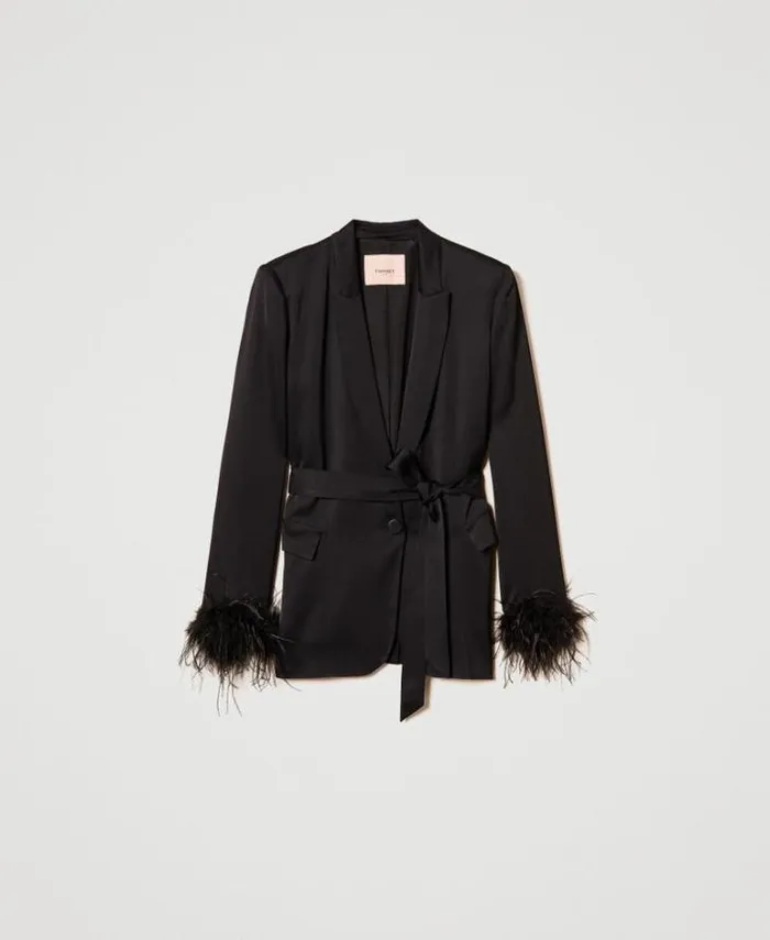 Twinset Blazers Satin Blazer With Feathers Black 8211 Clothing
