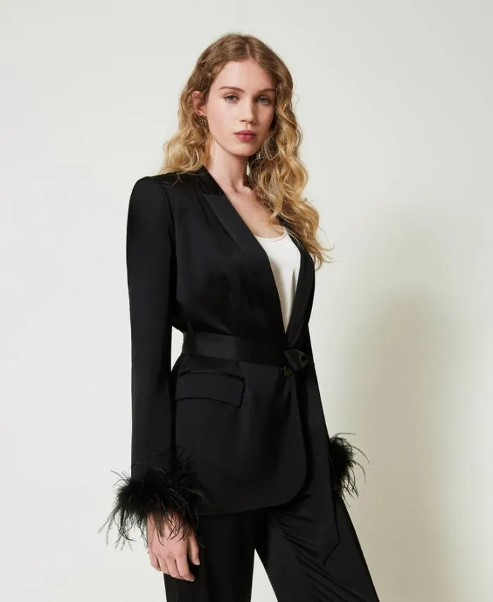 Twinset Blazers Satin Blazer With Feathers Black 8211 Clothing