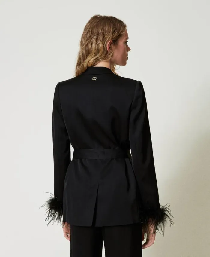 Twinset Blazers Satin Blazer With Feathers Black 8211 Clothing