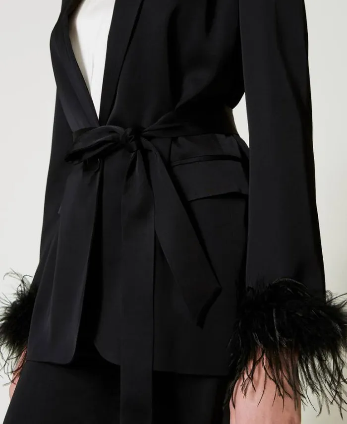 Twinset Blazers Satin Blazer With Feathers Black 8211 Clothing