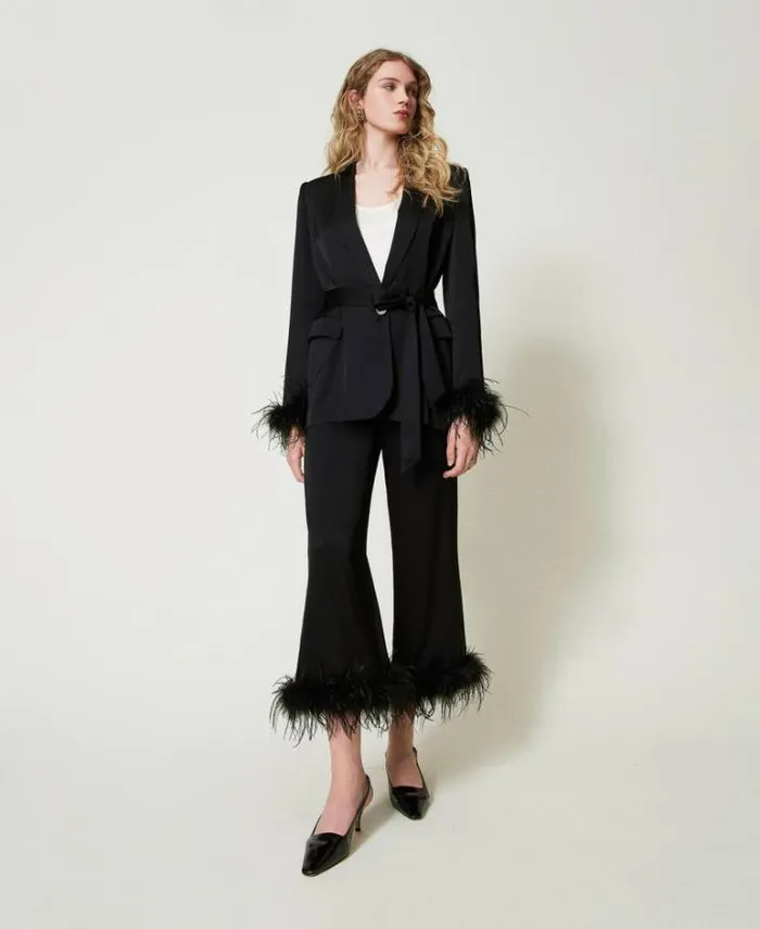 Twinset Blazers Satin Blazer With Feathers Black 8211 Clothing