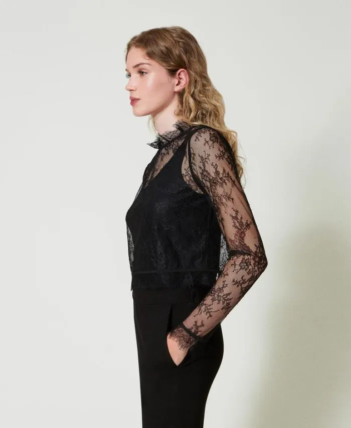 Twinset Blouses And Shirts Cropped Lace Blouse With Top Black 8211 Clothing