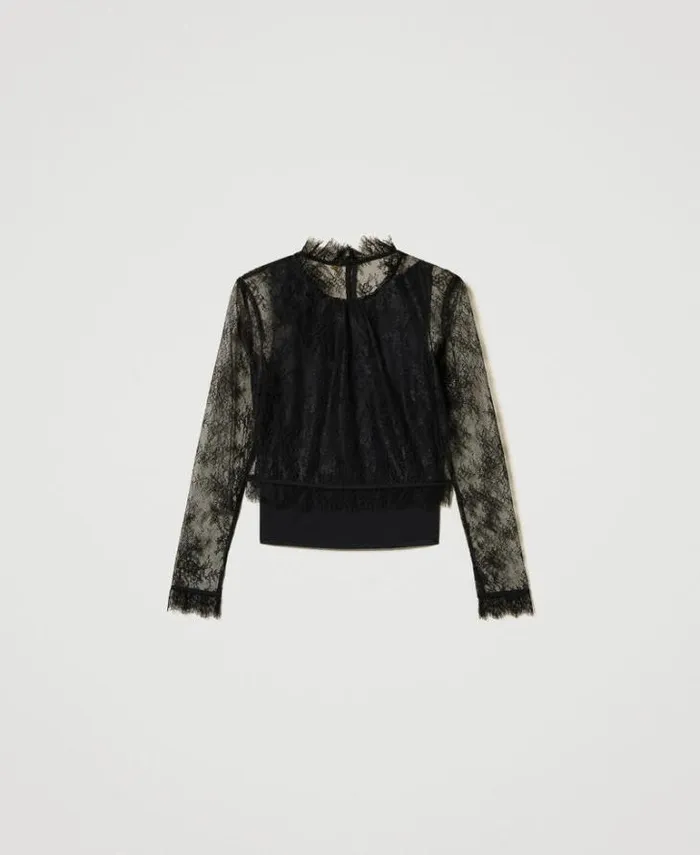 Twinset Blouses And Shirts Cropped Lace Blouse With Top Black 8211 Clothing