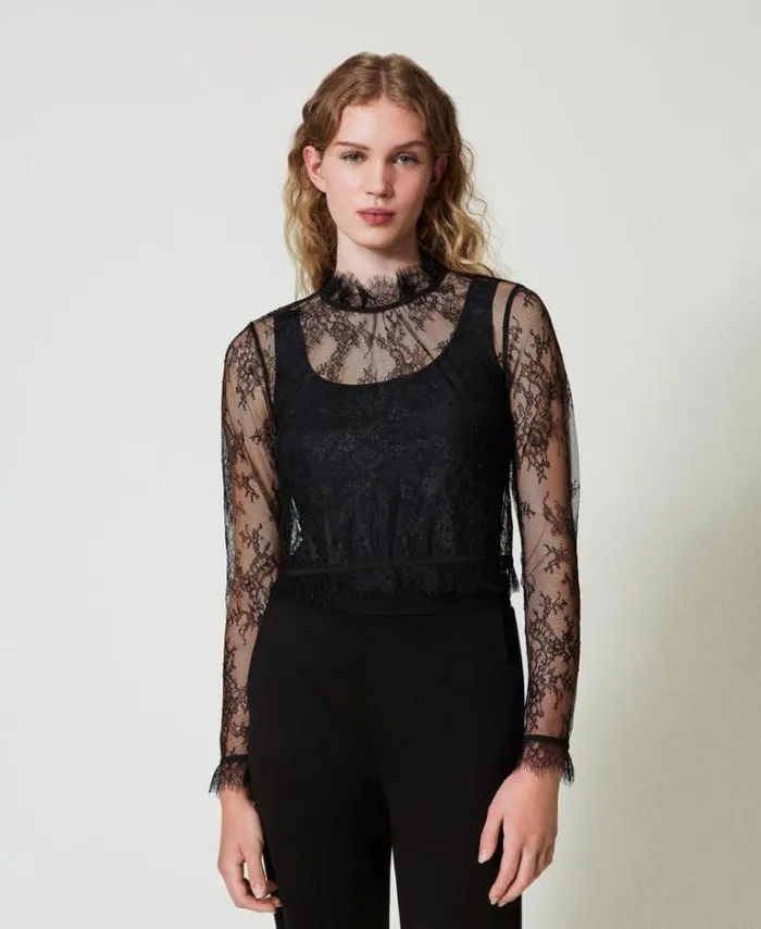 Twinset Blouses And Shirts Cropped Lace Blouse With Top Black 8211 Clothing