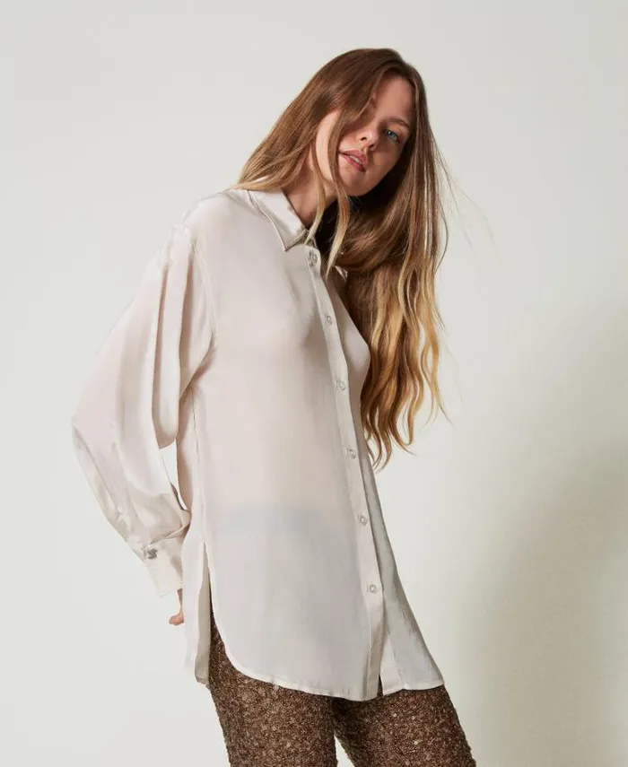 Twinset Blouses And Shirts MYFO Satin Shirt Twotone Pepper Snow White 8211 Clothing
