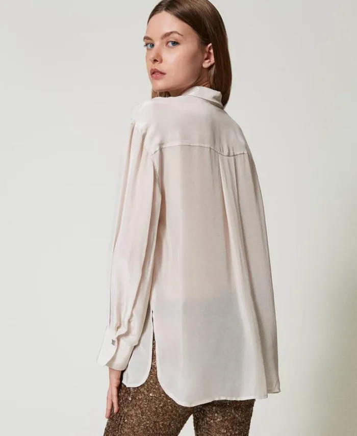 Twinset Blouses And Shirts MYFO Satin Shirt Twotone Pepper Snow White 8211 Clothing
