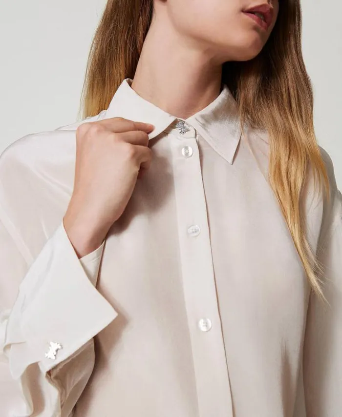 Twinset Blouses And Shirts MYFO Satin Shirt Twotone Pepper Snow White 8211 Clothing