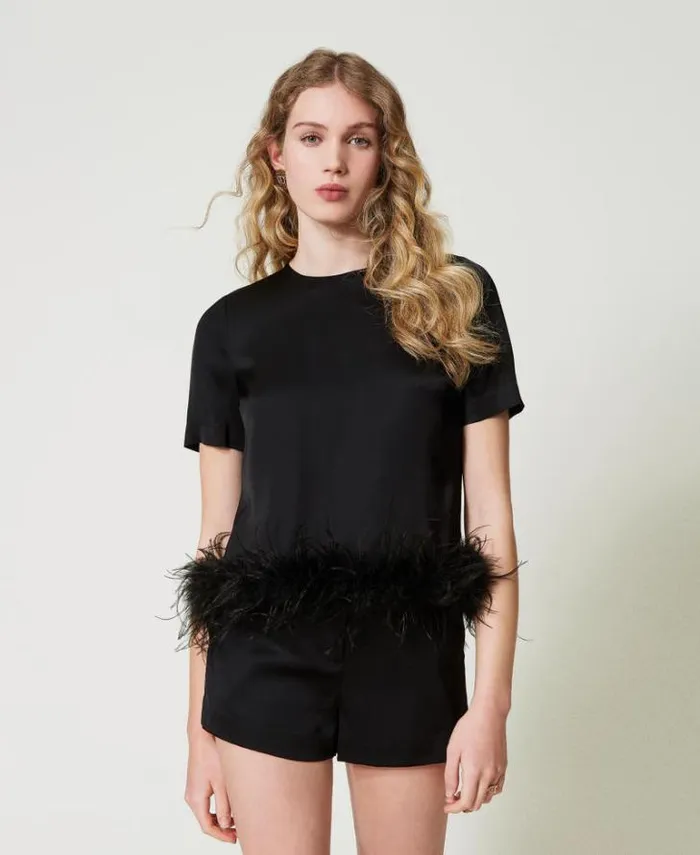 Twinset Blouses And Shirts Satin Blouse With Feathers Black 8211 Clothing