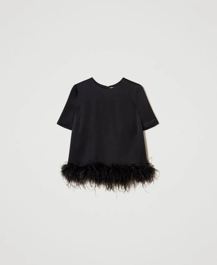 Twinset Blouses And Shirts Satin Blouse With Feathers Black 8211 Clothing