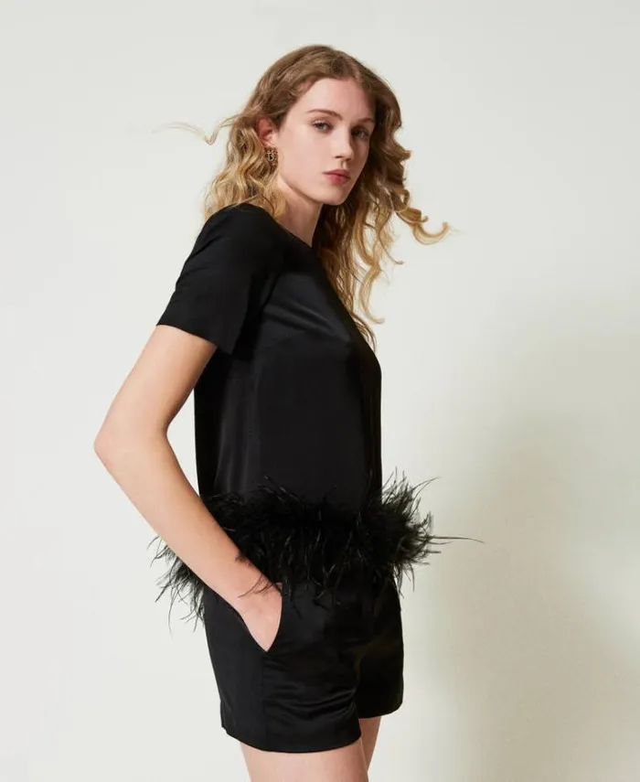 Twinset Blouses And Shirts Satin Blouse With Feathers Black 8211 Clothing
