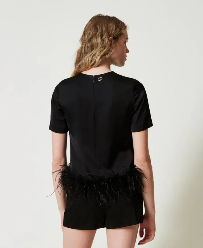Twinset Blouses And Shirts Satin Blouse With Feathers Black 8211 Clothing