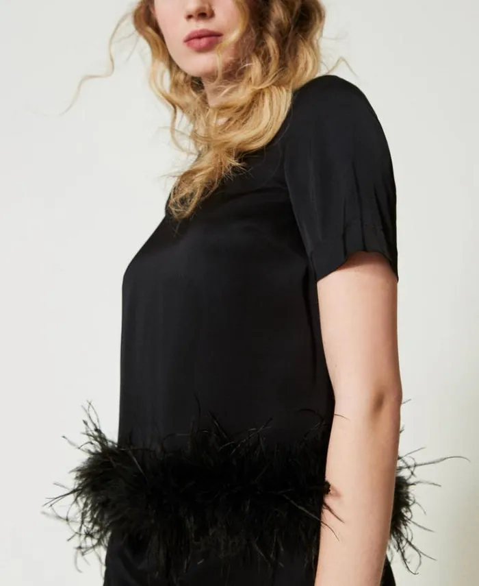 Twinset Blouses And Shirts Satin Blouse With Feathers Black 8211 Clothing