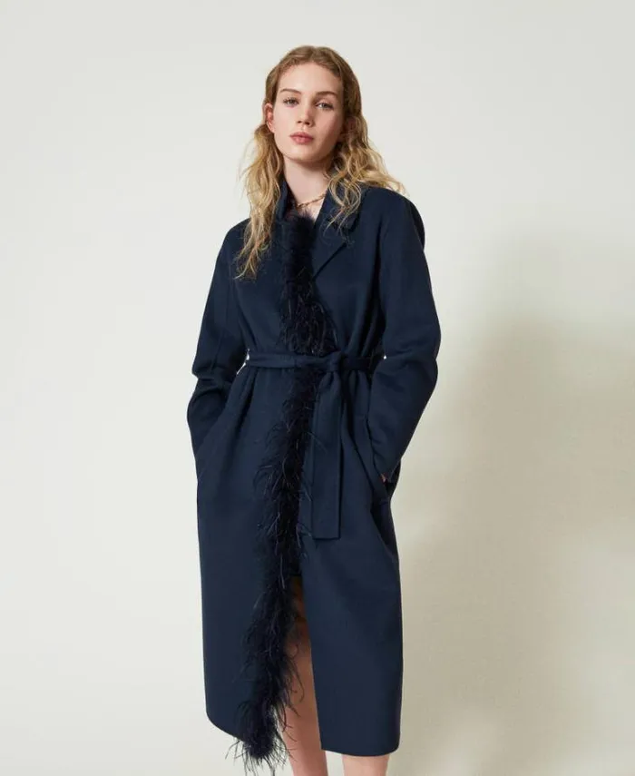 Twinset Coats And Trench Coats Doubled Wool Blend Cloth Coat With Feathers Indigo 8211 Clothing