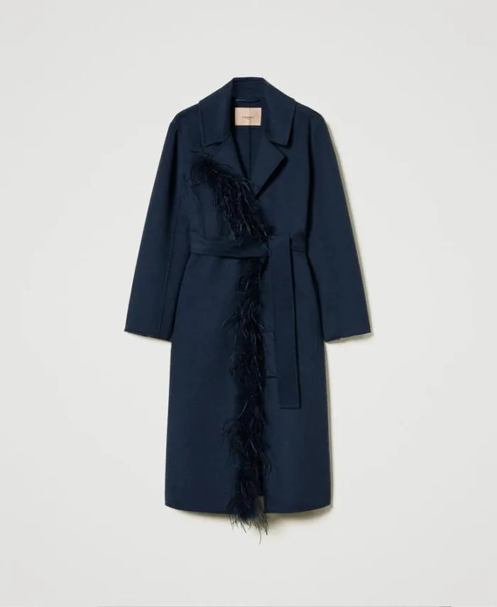 Twinset Coats And Trench Coats Doubled Wool Blend Cloth Coat With Feathers Indigo 8211 Clothing