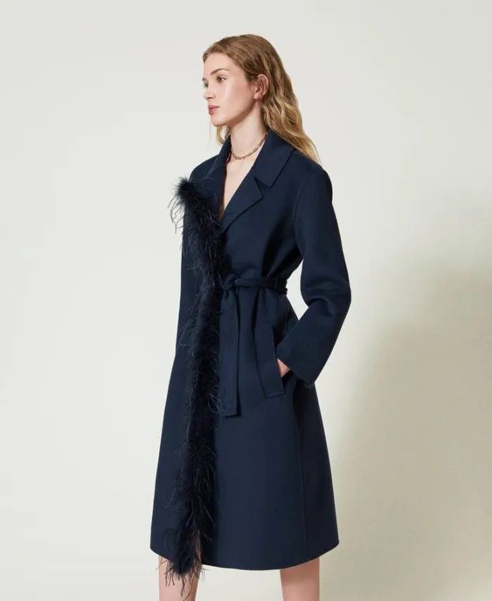 Twinset Coats And Trench Coats Doubled Wool Blend Cloth Coat With Feathers Indigo 8211 Clothing