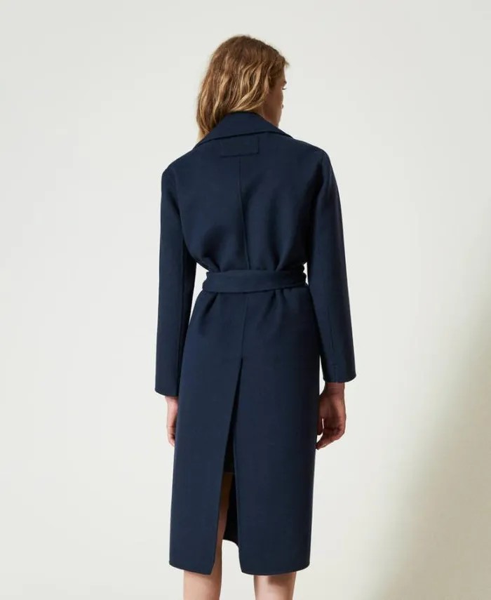Twinset Coats And Trench Coats Doubled Wool Blend Cloth Coat With Feathers Indigo 8211 Clothing