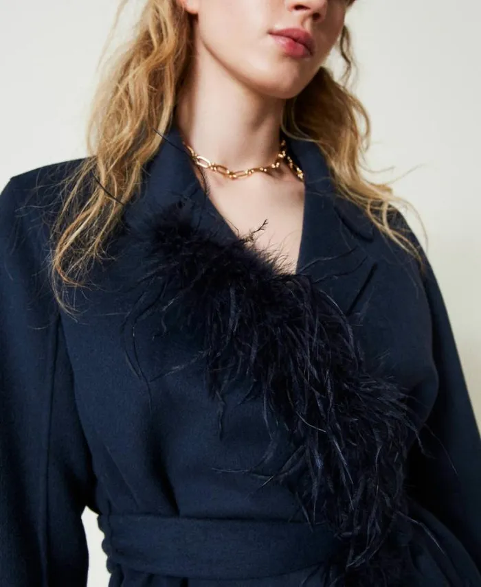Twinset Coats And Trench Coats Doubled Wool Blend Cloth Coat With Feathers Indigo 8211 Clothing