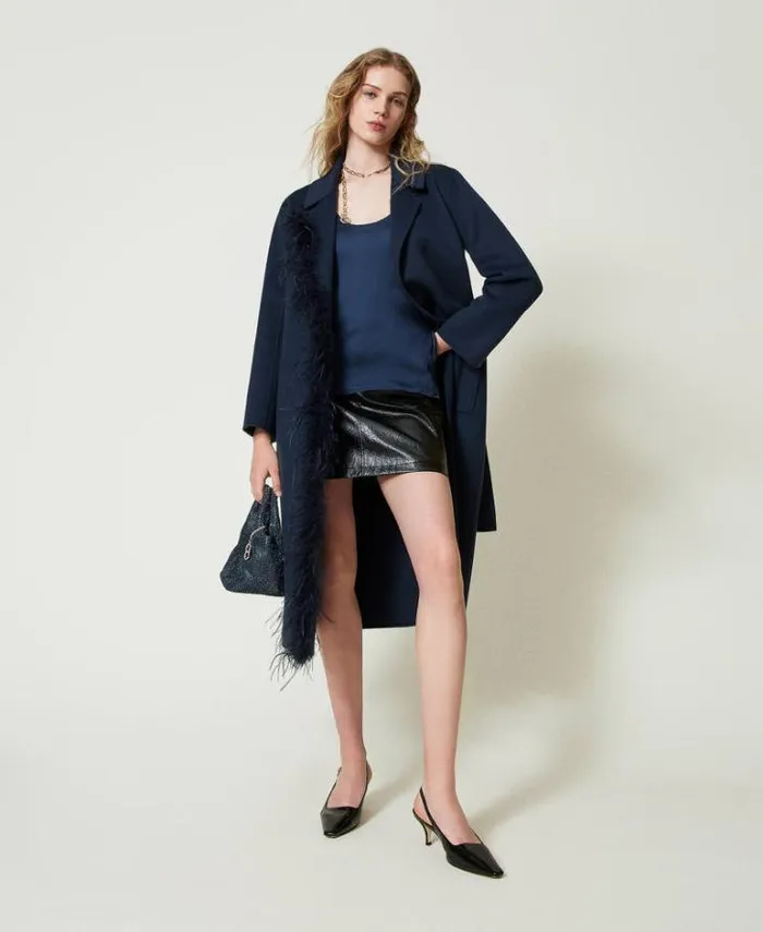 Twinset Coats And Trench Coats Doubled Wool Blend Cloth Coat With Feathers Indigo 8211 Clothing
