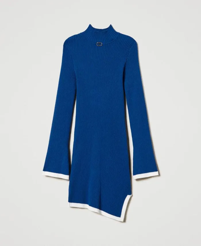 Twinset Dresses Fitted Ribbed Knit Short Dress Twotone Surf Blue Off White 8211 Girl
