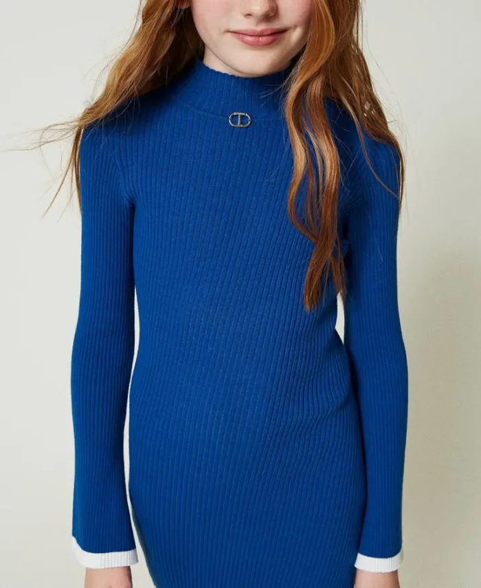 Twinset Dresses Fitted Ribbed Knit Short Dress Twotone Surf Blue Off White 8211 Girl