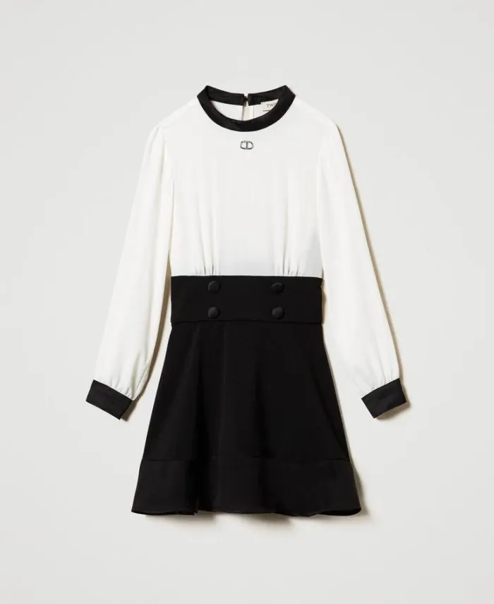 Twinset Dresses Flannel And Crpe De Chine Short Dress Bicolour Off White Black 8211 Girl