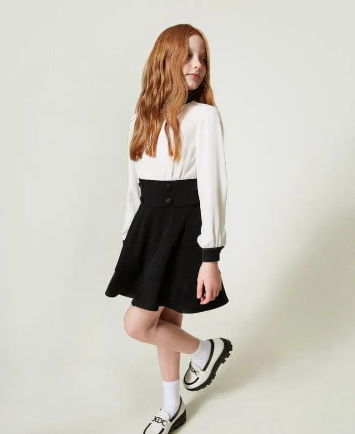 Twinset Dresses Flannel And Crpe De Chine Short Dress Bicolour Off White Black 8211 Girl