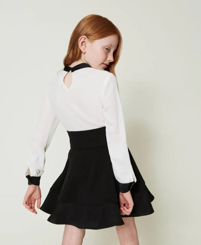 Twinset Dresses Flannel And Crpe De Chine Short Dress Bicolour Off White Black 8211 Girl