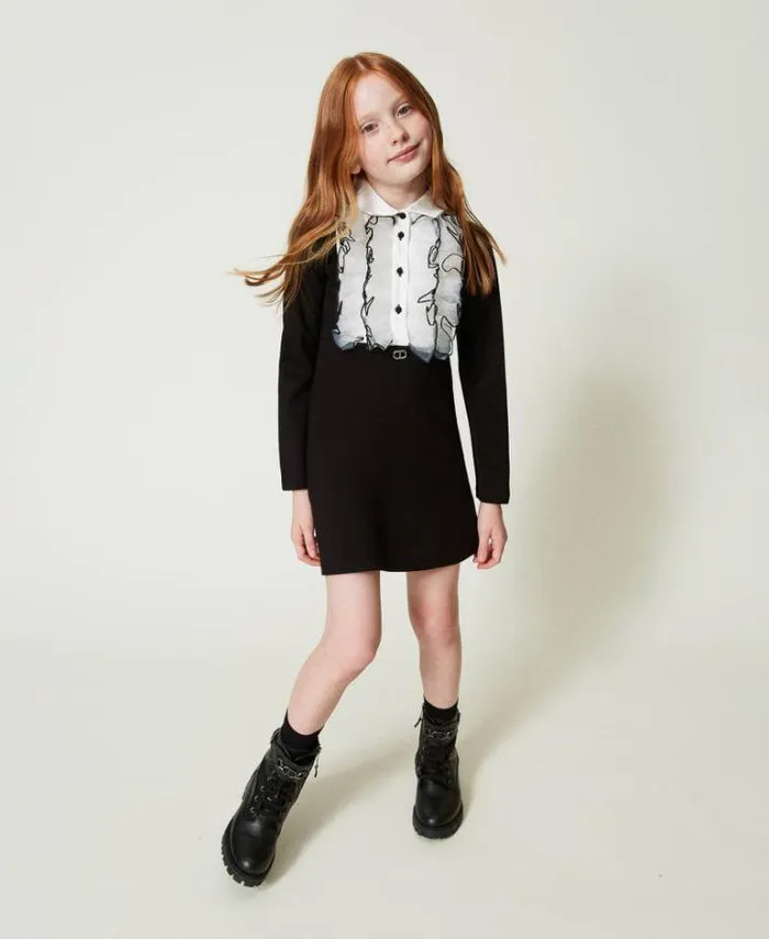 Twinset Dresses Short Dress With Organza Ruffles Bicolour Black Off White 8211 Girl