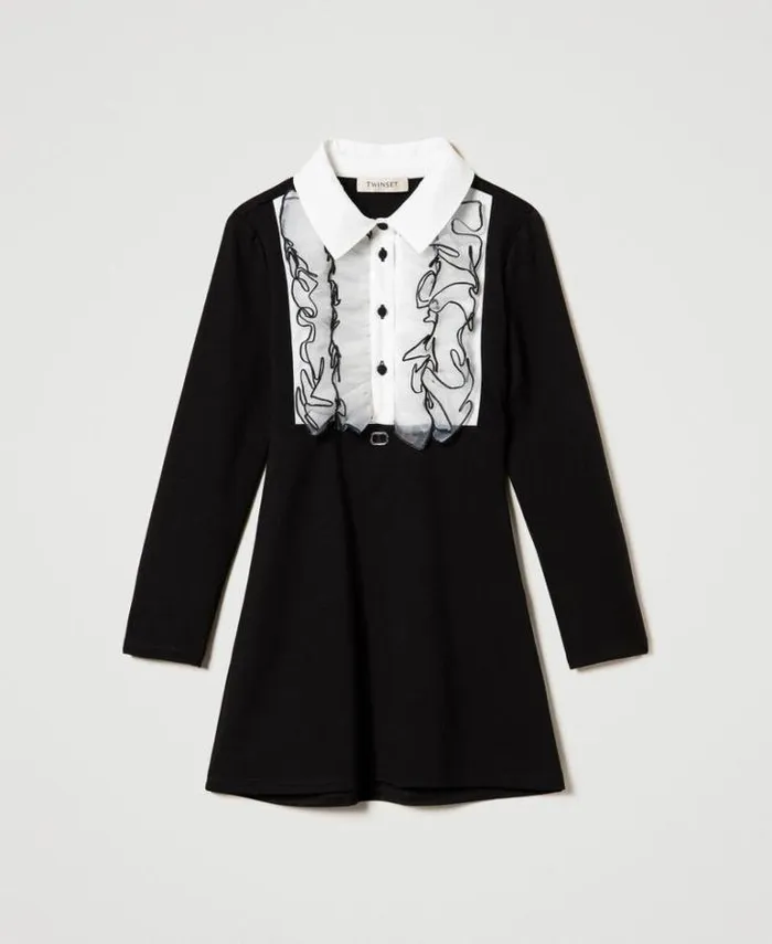 Twinset Dresses Short Dress With Organza Ruffles Bicolour Black Off White 8211 Girl