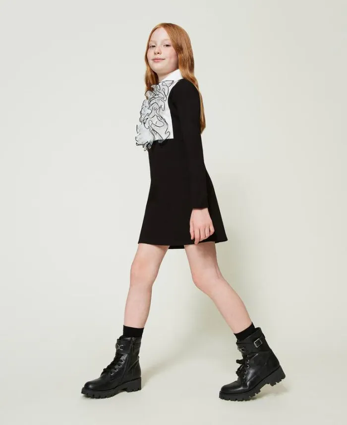 Twinset Dresses Short Dress With Organza Ruffles Bicolour Black Off White 8211 Girl